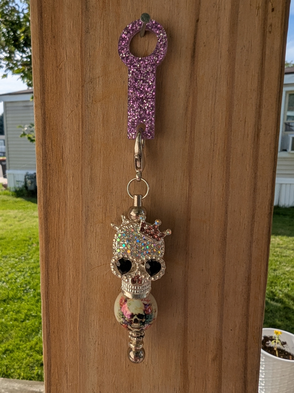 Purple Glitter Skull Straw Charm Keychain with Crown Accent